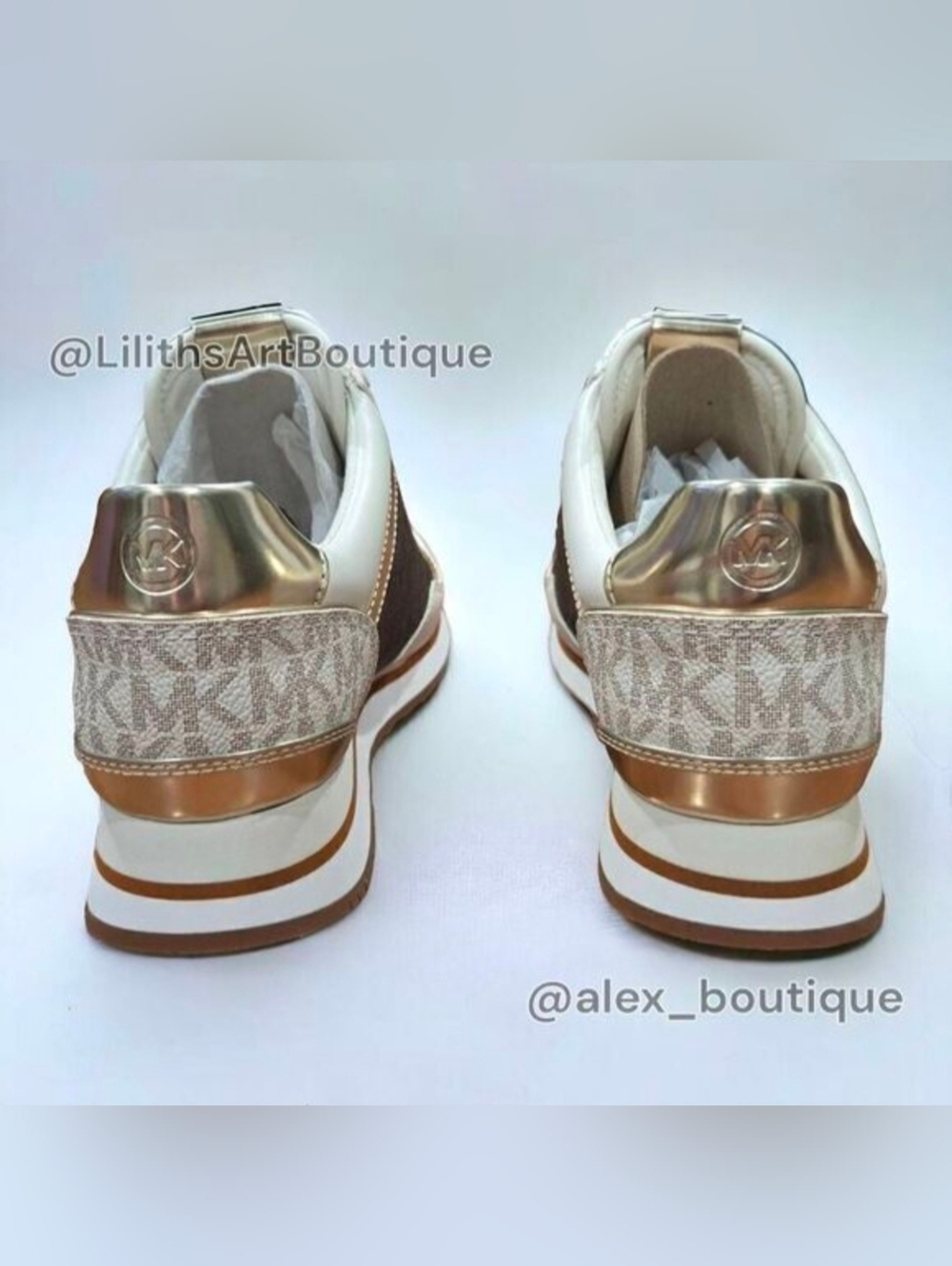 Michael Kors Maddy Vanilla/ Brown Two-Tone Logo Trainer Women's Sneakers 5.5 - Picture 8 of 13